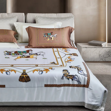 Brown Horse Racing Print Luxury Lyocell Fiber Bedding Set
